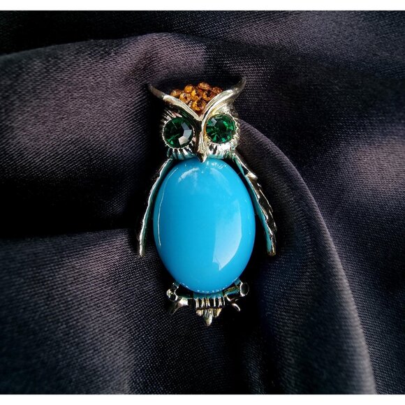 Vintage Blue Cabochon Green Eyes Citrine Rhinestones Gold Toned Owl Animal Brooc - Picture 2 of 6